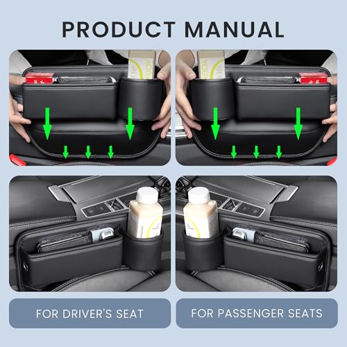 2 Packs Universal Fit Car Seat Gap Filler Organizer, Premium Leather Anti-Drop Car Side Gap Storage with Cup Holder for Phone, Keys, Sunglasses & Drinks (Black) - color: Black