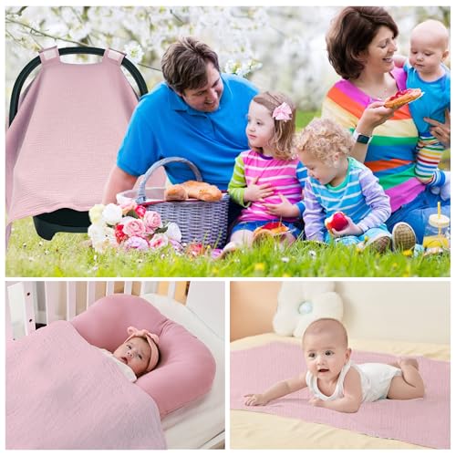 SERAPHY 100% Muslin Cotton Car Seat Cover Baby, 2 Pack Universal Carseat Covers Baby Boy Girl, Breathable Car Seat Canopy, Soft Infant Car Seat Cover for Summer and Winter—2 Pcs Pink&Flowers - color: Pink&Flowers