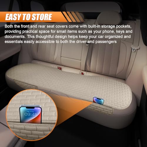 Car Rear Seat Cover, Breathable Linen Automotive Seats Cushion, Anti-Slip Vehicle Seat Pad with Storage Pocket, Universal Auto Seats Protection Mat (Beige) - color: Beige