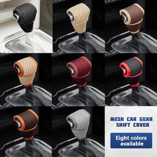 Car Gear Shift Knob Cover, Dust-Proof Soft Breathable Vehicle Manual Stick Handle Shifting Knob Protector, Automotive Interior Shift Lever Decoration, Universal Fit (Beige/Brown line)