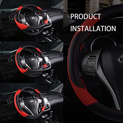 Leather Car Steering Wheel Cover, Non-Slip Car Wheel Cover Protector Breathable Microfiber Leather Universal Fit for Most Cars (Black & Red) - color: Black & Red
