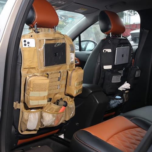 Tactical Car Seat Back Organizer Set Upgraded Tactical Molle Seatback Cover Protector Universal Fit Vehicles Truck MPV Pickup (Black with 2 Pouches)