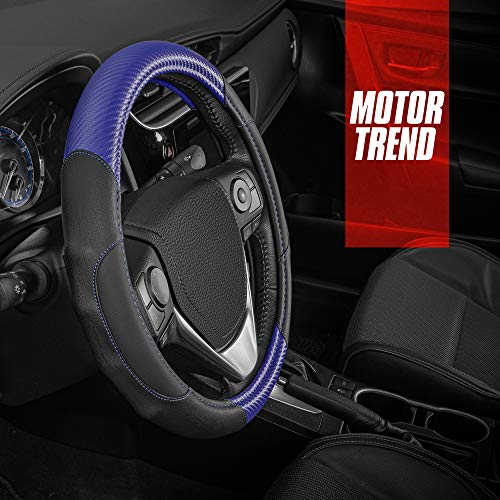 BDK GripDrive Carbon Fiber Steering Wheel Cover, Non-Slip Sporty Racing Faux Leather Ergonomic Comfortable Handle, Steering Wheel Cover for Cars Trucks Vans SUV - Fits Standard 15 Inch - Blue