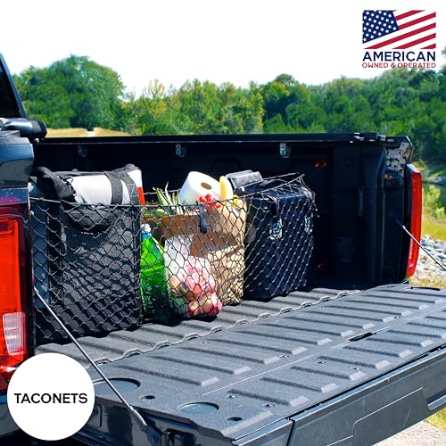 TacoNets Envelope Cargo Net for GMC Sierra & Chevy Silverado - Fits 2013-Current - Upgraded 5mm Bungee - Integrated Storage Bag - Heavy Duty Carabiners - Designed in USA - style: Chevy Silverado / GMC Sierra 2013+