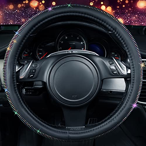 CAR PASS Diamond Leather Steering Wheel Cover, with Bling Crystal Rhinestones Fit Suvs,Vans,Sedans,Cars,Trucks Universal Fit 14.5-15inch Crystal Glitter for Women Sparkle Girl, Multicolor Diamond - color: Colorful Diamond
