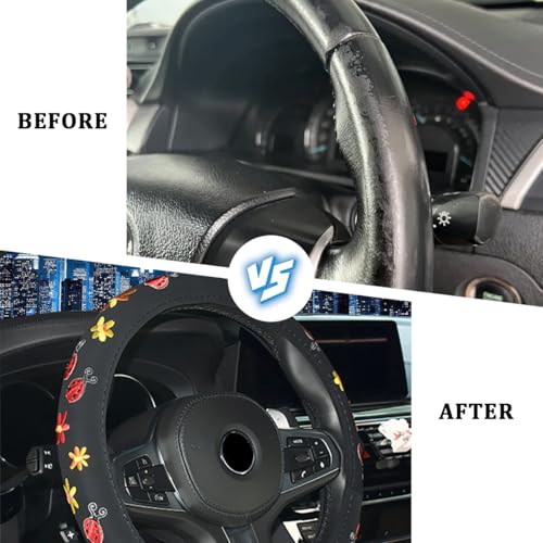 HZEL Car Steering Wheel Covers, Beautiful Embroidery Non-Slip Vehicle Steering Wheel Protector with Inner Ring, Automotive Interior Protective Accessories, Universal for SUV RV Truck - size: Embroidery