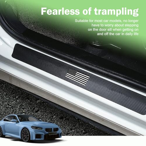 4 PCS American Flag Car Door Sill Protectors, Carbon Fiber Anti-scratch Sill Pad Film, Anti-slip Waterproof Rear Trunk Entry Guard, Self-adhesive Protection Part for Cars SUVs Trucks (Black)