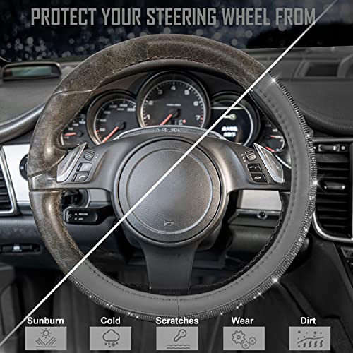 CAR PASS Bling Diamond Leather Steering Wheel Cover, with Bling Sparkly Crystal Glitter Rhinestones Universal Fit 14" 1/2-15" Car Wheel Protector for Women Girl Fit Suvs,Vans,Sedans,Cars,Trucks, Gray - color: Gray Diamond