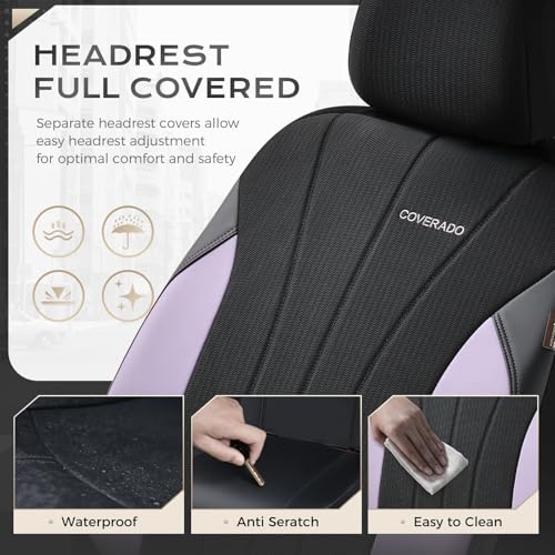 Coverado Car Seat Covers Full Set, Automotive Seat Covers 5-piece, Leather Car Protectors 5 Seats, Purple Auto Seat Covers Spill-Proof Design Universal Fit for SUV, Vans, Sedan, Truck - color: B-Purple&Black