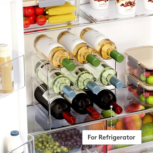 Lifewit Stackable Bottle Storage Organizer, Clear Freestanding Wine Holder for Cabinet, Large Slot Water Bottle Tumbler Cup Organizer for Pantry, Plastic Wine Rack for Fridge Cellar, 3Tier Hold 9 - size: 3 Tier-9 Bottle