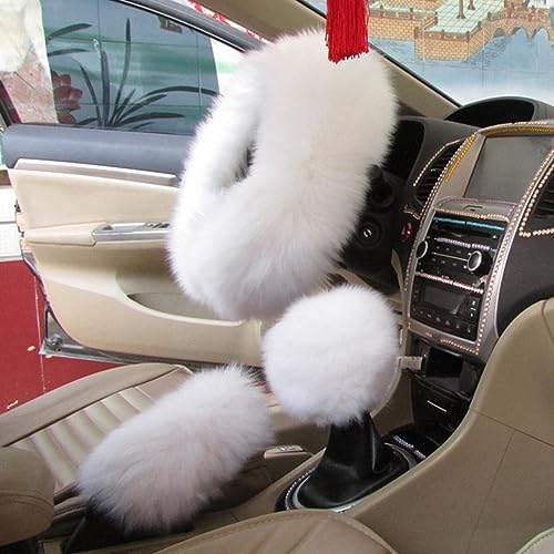 3PCS Wool Steering Wheel Cover with Fuzzy Handbrake Cover & Gear Shift Cover, Universal 15 Inch Steering Wheel Fluffy Soft Protector, Comforting Warm Car Decoration for Women Men (White) - style: White