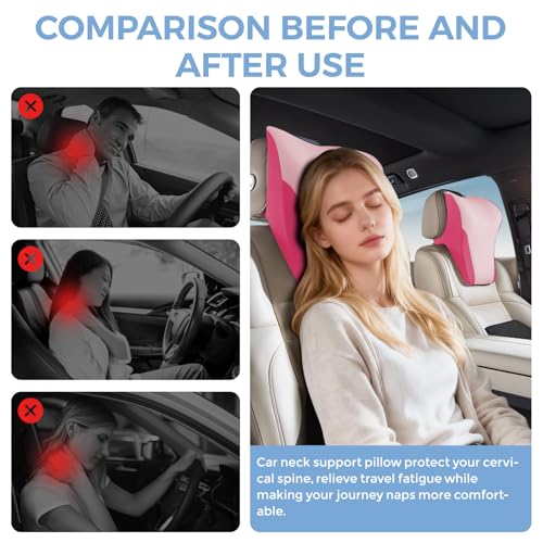 BABUR Car Headrest Pillow | Ergonomic Memory Foam Neck Shoulder Support Pillow with Adjustable Design & Enlarged Surface | Pain Relief for Driving Travel Sleeping | Pink1 Pack - color: Pink