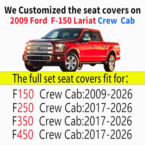 Full Set Car Seat Covers Custom Fit 2009-2026 Ford F150 Crew Cab and 2017-2026 F250 F350 F450 Super Duty Pick-up Truck, Automotive Vehicle Cushion Cover with Waterproof Leather (Black)
