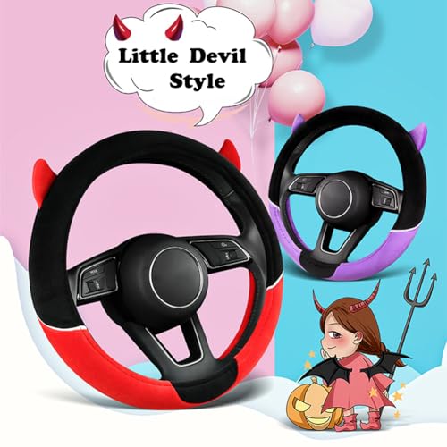Cute Devil Car Steering Wheel Cover Non-Slip Plush Steering Wheel Covers Protector for Women Girls, Car Interior Accessories, Universal Fit 15 Inch, Purple