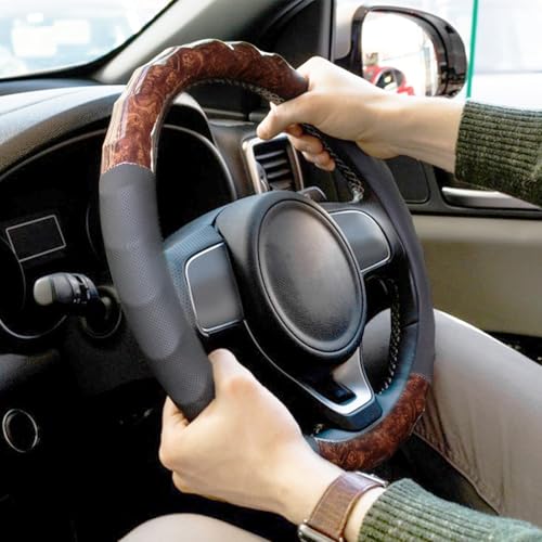 Wood Grain Steering Wheel Cover, Universal 15 Inch, Car Steering Wheel Protector Men Women, Comfort Finger Grips, Breathable Microfiber Leather, Anti-Slip, Black