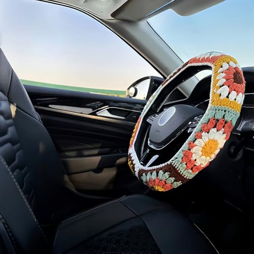 Handmade Steering Wheel Cover, Crochet Steering Wheel Cover, Sunflower Granny Square Wheel Cover, 14-15 inch, Universal fit,Boho Car Accessories, for Women and Girly (A Wheel Cover)