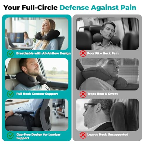 Travel Pillow and Lumbar Support Pillow Set 4 in 1 - Neck Pillow, lumbar Pillow, Eye Mask & Earplugs - Press-to-Inflate Design, 360° Breathable Support for Airplane, Car Travel, Office Nap (Black)