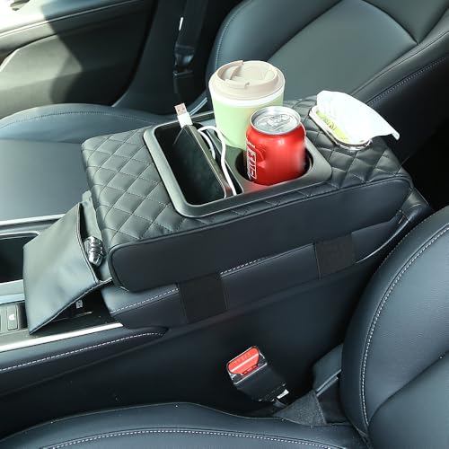 Multi-Functional Adjustable Armrest Cushion - Universal Car Boat Sofa Pad with Built-in Tissue Box & Cup Holder, Faux Leather Storage Organizer for Front/Rear Seats, Yacht, Central Console