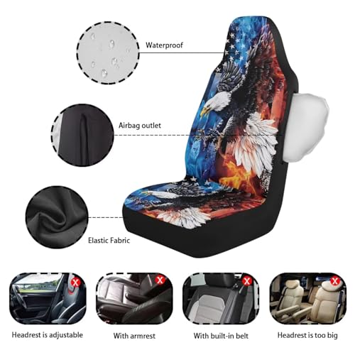 Eagle American Flag Printed 2 Pcs Car Front Seat Cover Waterproof, Non Slip Car Seat Cushion Protector Compatible with Airbag, Universal Fits for Most Auto SUV Truck Sedan - color: Blue and Red - Eagle American Flag
