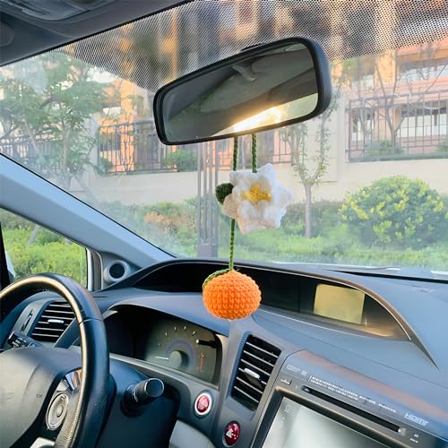 Cute Tangerine Car Mirror Hanger - Crochet Hand Knitted Rear View Mirror Accessory - color: Tangerine