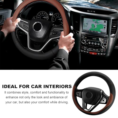 Leather Steering Wheel Cover, 15 Inch Soft Breathable Car Wheel Cover with Anti-Slip Lining, Universal Comfortable Steering Wheel Protector for Most Cars Trucks SUVs (Coffee) - color: Coffee