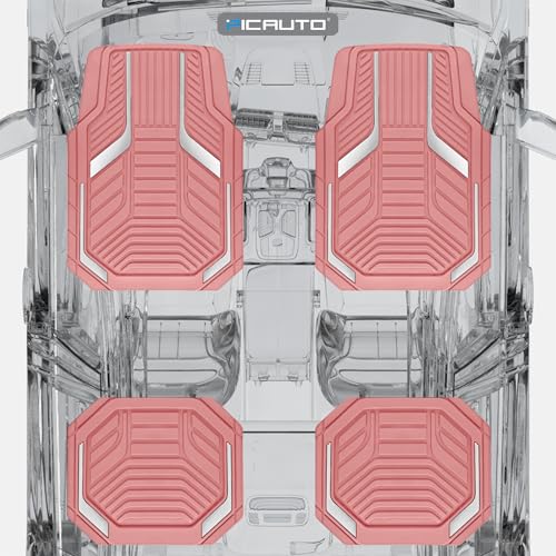 PIC AUTO Heavy Duty Pink Rubber Floor Mats, Silver Aluminum Film Car Mats Set, Front and Rear Car Mats with Anti-Slip Backing, All Weather Protection, Trim-to-Fit for Automotive SUV, Sedan, Van - color: All Pink
