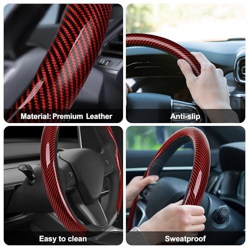Leather Steering Wheel Cover,Universal Fit 15 Inch-Premium Non-Slip Breathable Comfort Grip for Cars Trucks SUVs,Anti-Slip Durable Interior Upgrade Carbon Fiber Pattern (Red) - color: Red carbon fiber texture