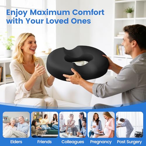 Donut Pillow for Tailbone Pain, Hemorrhoids - Cooling Gel Memory Foam Chair Seat Cushion for Office, Home & Wheelchair, Ergonomic Chair Pad for Pregnancy, Sciatica, Coccyx (Large, Black)