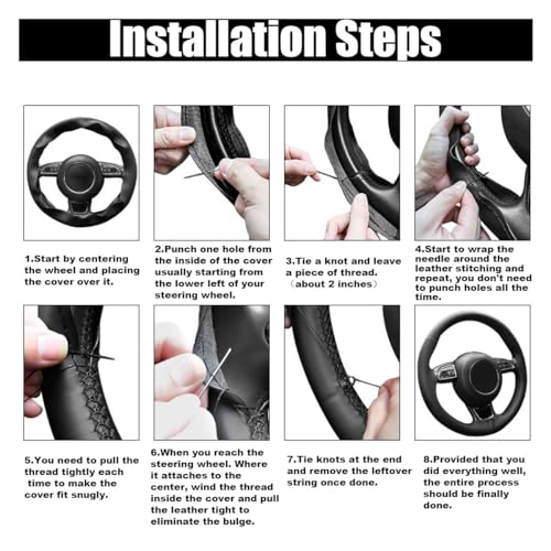 Car Genuine Leather Steering Wheel Cover, DIY Sewing with Needle and Thread, Breathable, and Anti-Slip, Universal 15 Inch Car Steering Wheel Stitching Wrap (Black, Glossy) - color: Black, size: 15 inches - Glossy