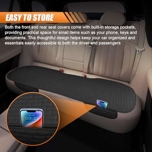 Car Rear Seat Cover, Breathable Linen Automotive Seats Cushion, Anti-Slip Vehicle Seat Pad with Storage Pocket, Universal Auto Seats Protection Mat (Black) - color: Black