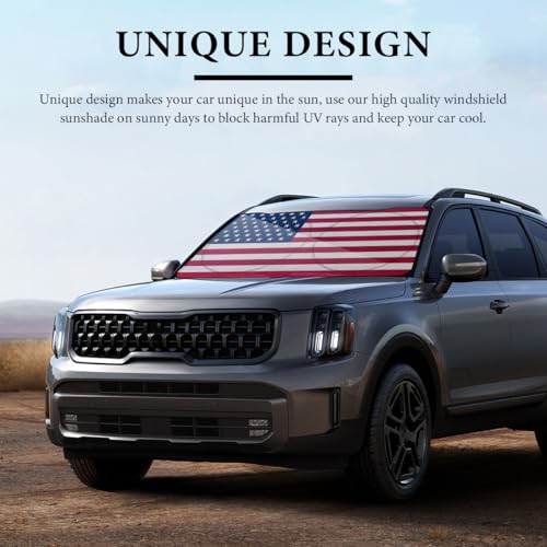 Car Windshield Sun Shade, 64" x 34" American Flag Car Windshield Cover Keep Your Vehicle Cool, Auto Front Window Sunshade Sun Heat and UV Rays Blocker Fits Most Cars (USA Original Flag)