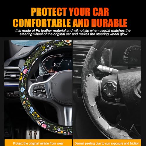 Car Steering Wheel Cover, Flowers Elastic Stretch Anti-Slip Vehicle Steering Wheel Protecter, Breathable Sweat Absorption Automotive Interior Accessories, Universal Fit