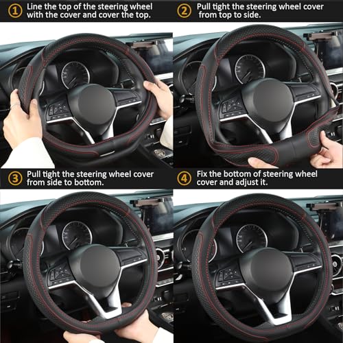 Customized Auto Car Steering Wheel Cover for Nissan,D Shaped Steering Wheel Cover for Rogue,Altima,Kicks (D-Shaped-Black+Red Line)