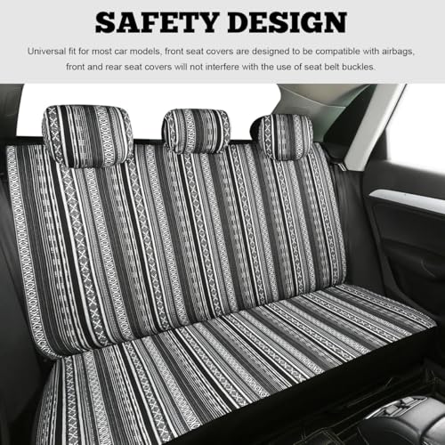 9PCS Baja Saddle Blanket Car Seat Covers, Front Set Breathable Washable Seat Covers with Seatbelt Pad, Striped Woven Cloth Airbag Compatible Seats Protector for Most Vehicles (Black White Thin) - color: Black White Thin