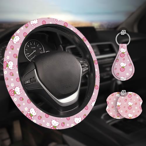 Kitty Accessories Car, Strawberry Pink Cat Wheel Cover, Y2K Car Accessories, Girly Steering Wheel Cover, Universal Fit 14.5-15 inch Auto SUV Vans Trucks, Anti-Slip and Sweat Absorption - color: Pink