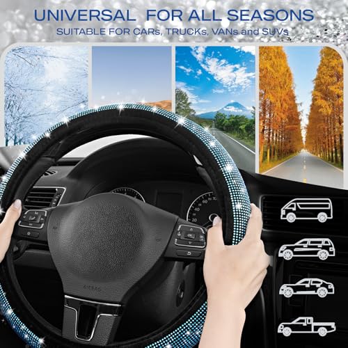 Skechers Women’s Bling Steering Wheel Cover, Velvet with Sparkly Crystal Rhinestones, Stylish Car Interior Gift, Universal Fit 14" 1/2-15" for Cars, SUVs, Trucks, Blue Diamond
