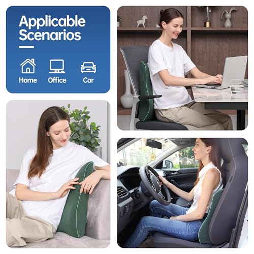 Plush & Comfortable Memory Foam Lumbar Support Pillow - Soft Back Cushion for Office Chair, Car Seat, Gaming Chair - Ergonomic Lower Back Pain Relief with Adjustable Straps & Washable Cover-Dark Green