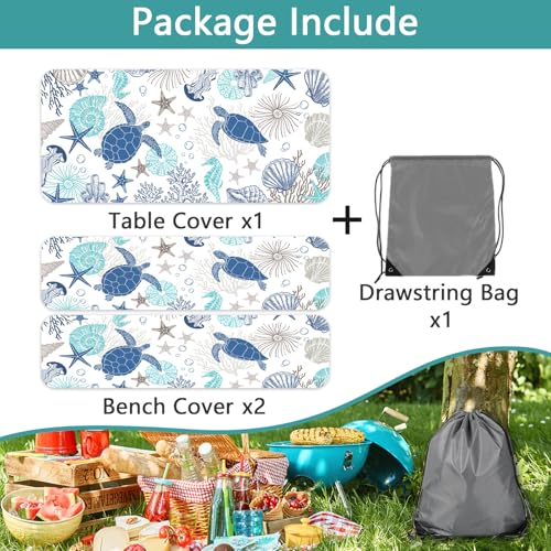 Picnic Table Cover with Bench Covers Nautical Coastal Waterproof Windproof Elastic Fitted Outdoor Camping RV Tablecloths with Drawstring Bag Reusable Rectangle Tables and Seats Cover 30X60IN - color: Blue and White, size: 30" x 60" (Rectangular)