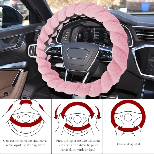 Luxury Fluffy Winter Car Steering Wheel Cover for Women, Steering Wheel Protector, 15" Fluffy Soft Breathable Warm Non-Slip Decoration, Twisted Fur Car Cover for Vehicles (Pink, D-Shape)