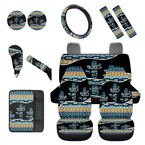 Dreaweet Car Seat Covers Full Set with Steering Wheel Cover Armrest Pad Covers Seat Belt Pads Cup Holders Handbrake Cover Set of 12 Aztec Cactus Car Accessories Interior Universal for SUV Trucks Sedan - color: Aztec Cactus