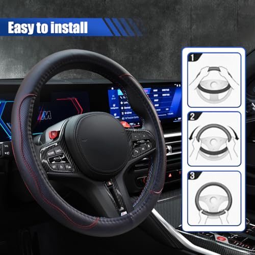Car Steering Wheel Cover, 15 Inch Leather Anti-Slip Breathable Automotive Steering Wheel Protector, Universal Heat Resistant Vehicle Interior Accessories Cars, SUVs, Trucks(Black&Red) - color: Black&Red