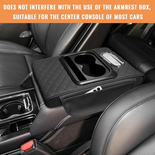 Car Center Console Armrest Pillow, 5-in-1 Armrest Cushion w/ 2 Side Bags, Tissue Box Slot, Cup & Phone Holder, Leather Auto Arm Rest Cover Storage Organizer (Black, Embroidered)