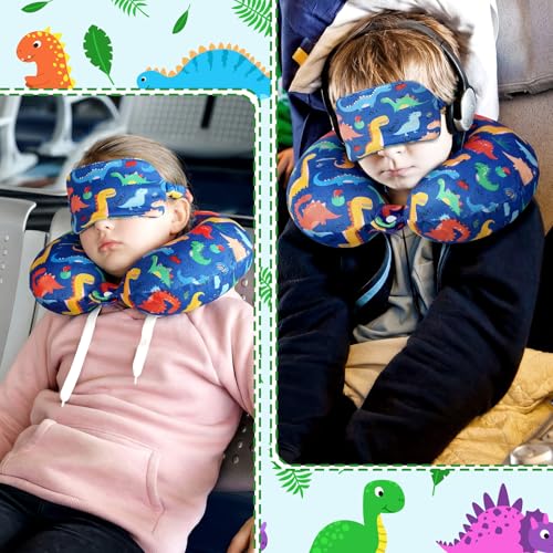 2 Pcs Dinosaur Travel Pillow with Sleep Eye Mask, U Shaped Memory Foam Headrest & Neck Pillow with Washable Cover, Soft Neck Head Support Travel Accessories for Airplane Car Train Bus Trips - style: Dinosaur