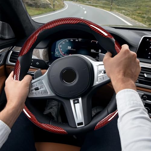 3-Piece Carbon Fiber Steering Wheel Cover, Anti-Slip & Segmented Thin Design for Comfort Grip, Universal Fit 99% Cars SUV Truck,Red - color: Red