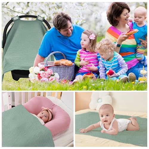 SERAPHY 100% Muslin Cotton Car Seat Cover Baby, Universal Carseat Covers, Breathable Baby Car Seat Canopy for Boys Girls, Soft Infant Car Seat Cover for Summer —Green - color: Green