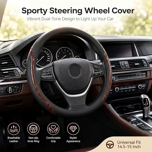 Steering Wheel Cover Black Wood Grain, Leather Car Steering Wheel Covers with Coasters Universal 14.5-15 inch Microfiber Breathable Anti-Slip Steering Wheel Accessories Set - color: WoodGrain, size: Medium