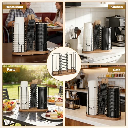 Coffee Cup Dispenser Rack with Wood Base, 18oz Cup Holder Organizer for Storing Paper Cups, Straws, Lids and Disposable Tableware(3-compartment) - color: Black 3-Compartment