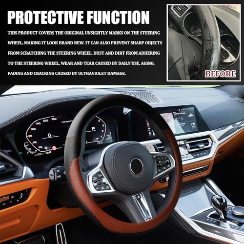 Car Steering Wheel Cover, 15 Inch Napa Leather Car Steering Wheel Protector, Slip-Resistant Elastic Steering Wheel Handle Cover, Universal Interior Accessories for Cars Trucks SUVs (Coffee)