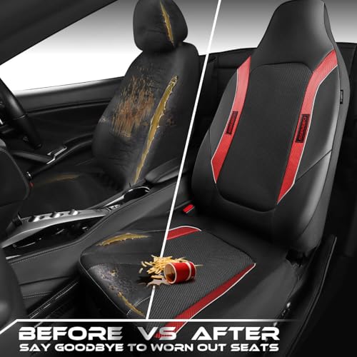 CAR PASS Sporty High Back 3D Oxford Waterproof Car Seat Cover Two Front, Universal Carbon Fiber Leather Bucket Seat Cover All Weather, Airbag Compatible Fit Sports Car SUV Sedan Truck Black Red - color: Black Red