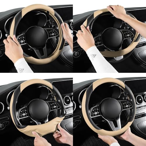 Car Steering Wheel Cover, Microfiber Leather Steering Wheel Cover Universal Fit 14.5-15 inch Anti-Slip Comfortable Breathable Car Wheel Protector for Men Women,Beige - color: Beige
